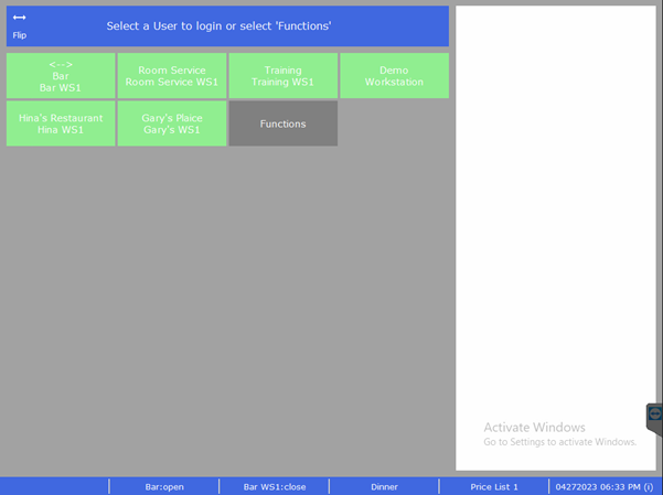 Main POS login view screen and sign in process